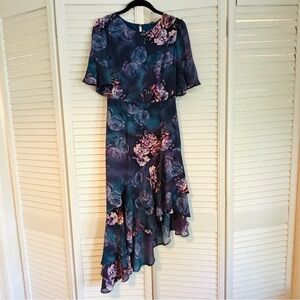 Floral High-Low Midi Dress Summer Spring Size Small Flowy Navy Blue Purple